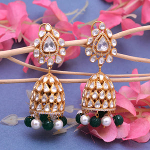Moissanite Polki Drop Earrings with Pearl and Emerald Moissanite Polki Drop Earrings with Pearl and Emerald