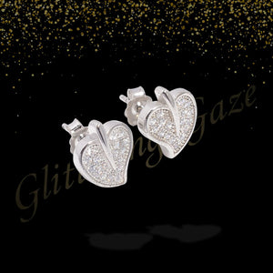 Silver Heart Stud Earrings with Sparkling Stones