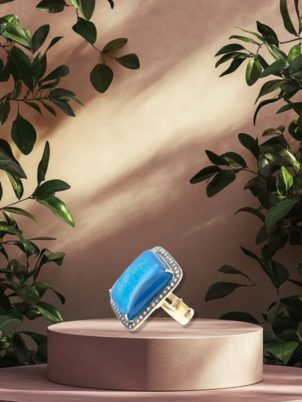 Sterling Silver Pave Diamond & Blue Druzy Statement Ring