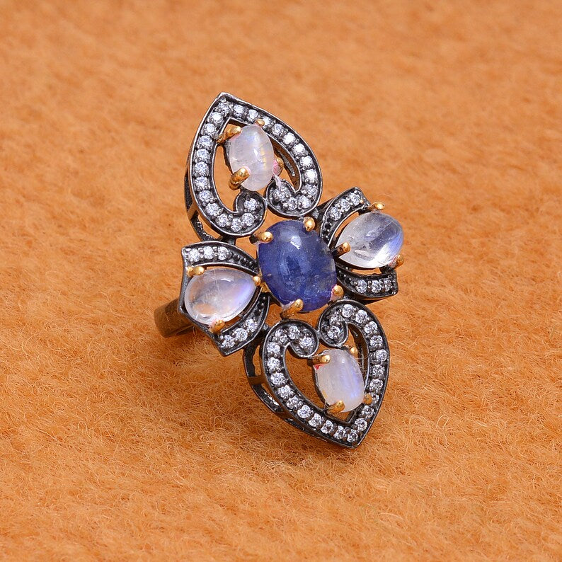Sterling Silver Diamond Ethiopian Opal & Tanzanite Five Stone Ring with Moonstone