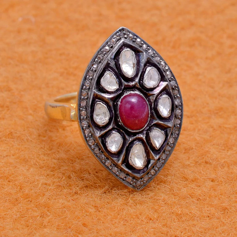 Sterling Silver Uncut Polki Diamond Ruby Ring