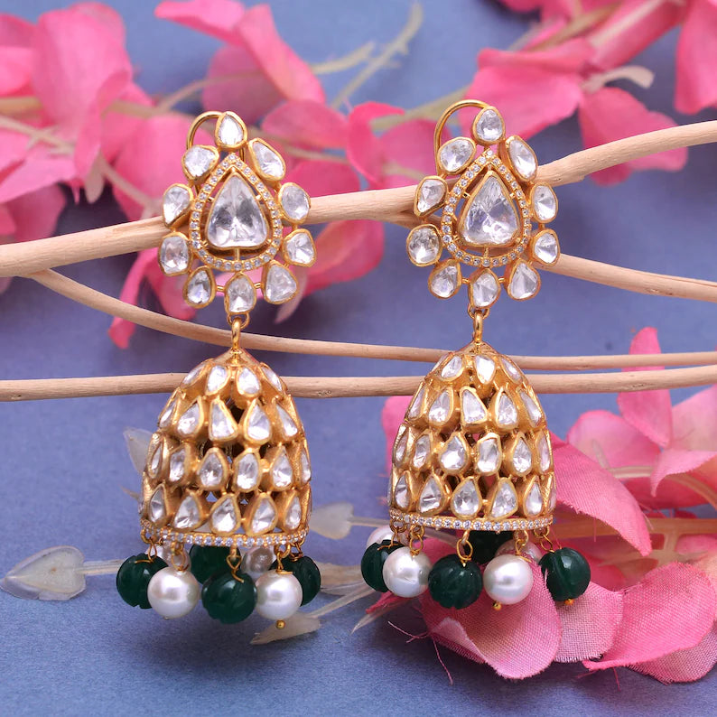 Moissanite Polki Drop Earrings with Pearl and Emerald