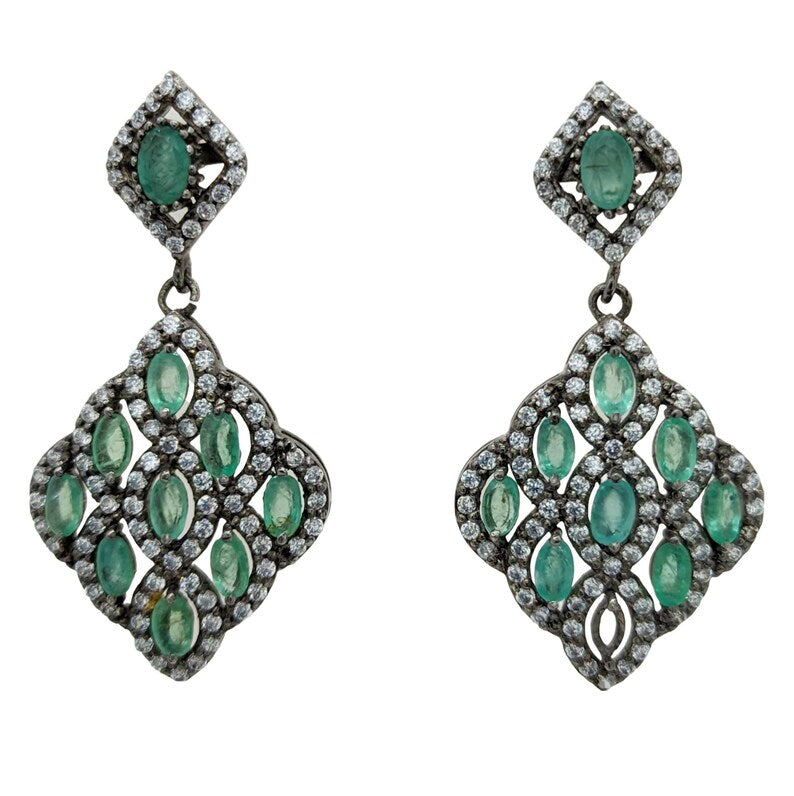 Sterling Silver Emerald Diamond Drop Earrings