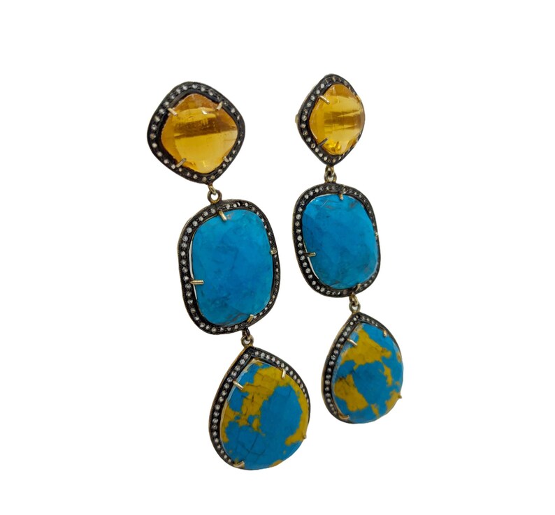 Sterling Silver Lab Made Citrine, Turquoise, Blue Agate Earrings